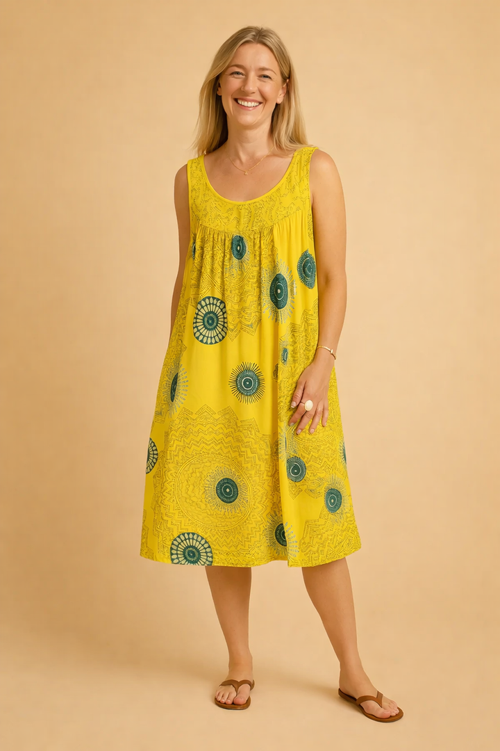 Airy women's bohemian midi dress in a relaxed fit, a comfortable choice for hot summer days.