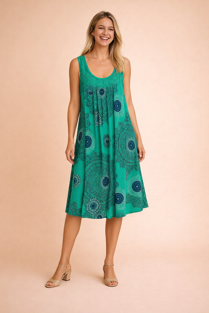 Stylish women's bohemian midi dress, perfect for a relaxed summer vibe and comfortable wear.