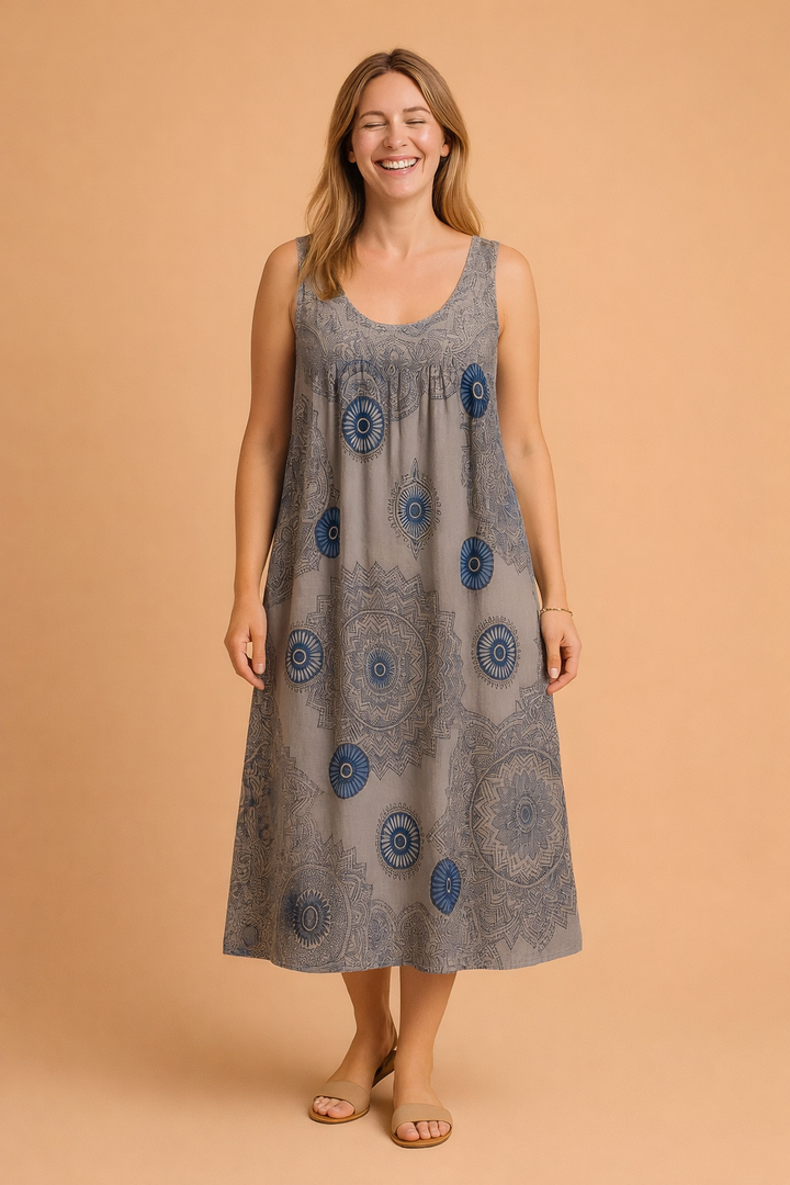 Comfortable women's bohemian midi dress, a sleeveless summer fashion piece with unique print.