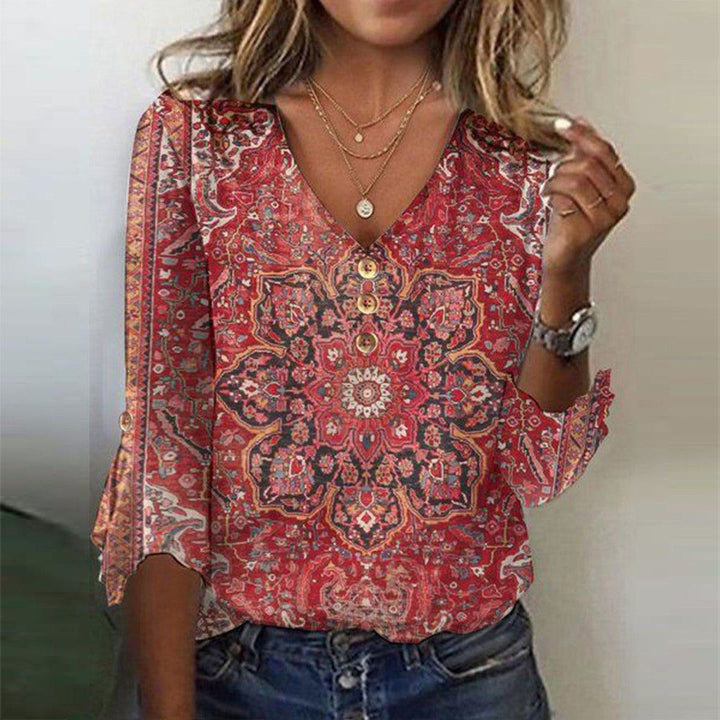 Women's Bohemian Print Blouse, oriental V-neck top with intricate red and orange pattern, casual summer wear.