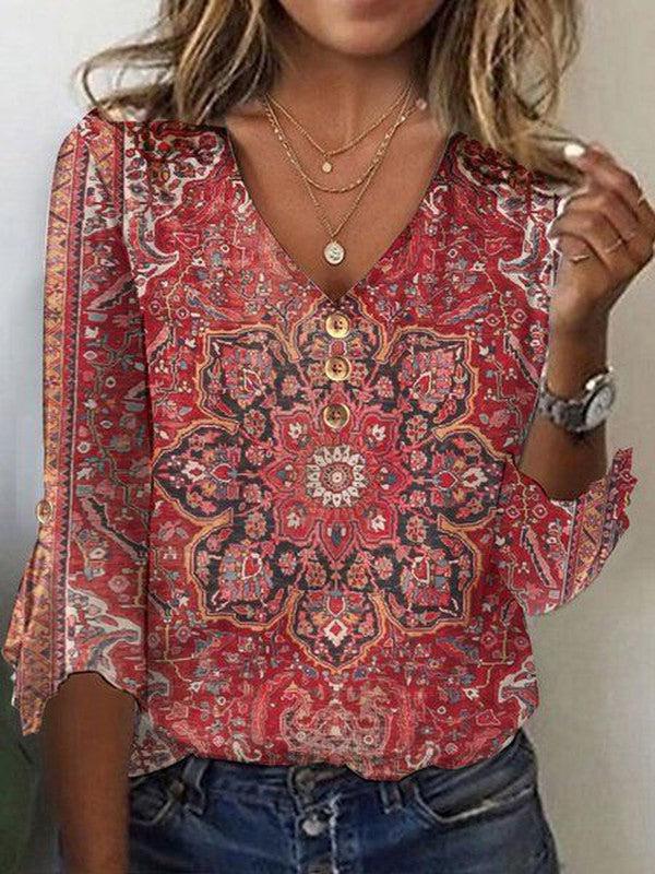 Flowy Bohemian V-neck blouse for women in an oriental print, perfect for summer casual wear and beach outings.