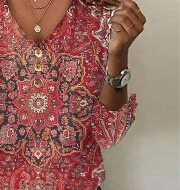 Red Bohemian V-neck print blouse with unique oriental style, a stylish and comfortable summertop for women.