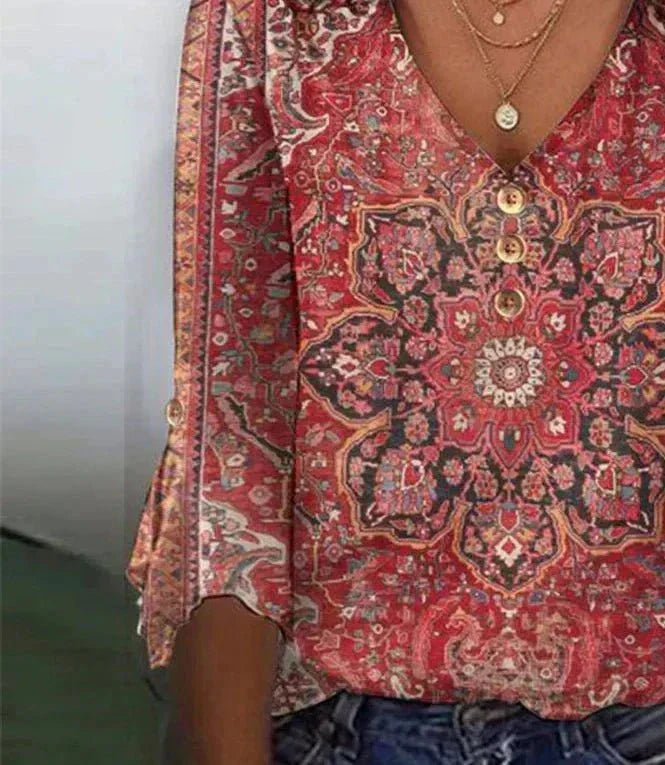 Women's oriental print blouse, a bohemian V-neck top in vibrant red, ideal for casual and fashionable summer looks.