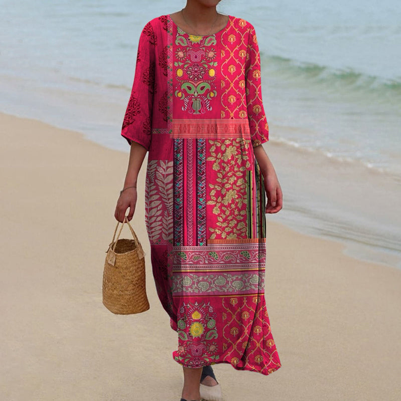 Women's bohemian print maxi dress, flowy and casual, perfect for summer vacation and ethnic style.