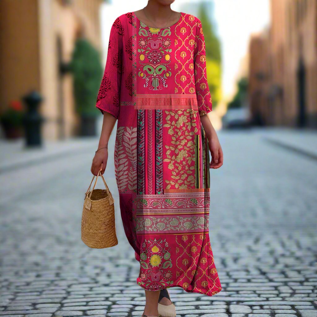 Bohemian ethnic print maxi dress for women, ideal for summer and casual, vacation with a flowy fit.