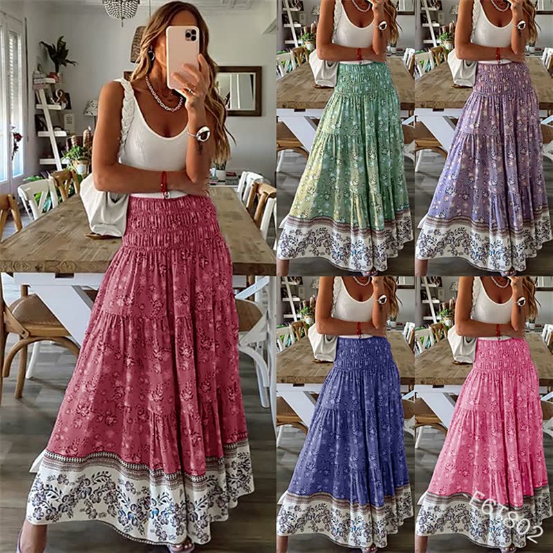 Women's bohemian tiered midi skirt, flowy summer style, perfect for casual wear & vacation outfits.