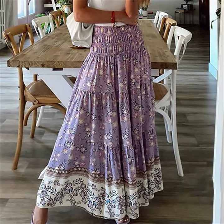 Flowing bohemian midi skirt for women, ideal for summer vacation outfits. Lightweight & comfortable casual wear.