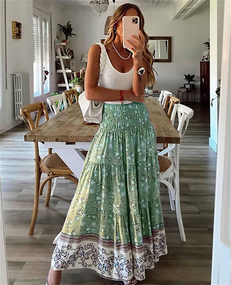 Patterned bohemian tiered midi skirt for women, a stylish flowy design perfect for warm weather & summer fashion.