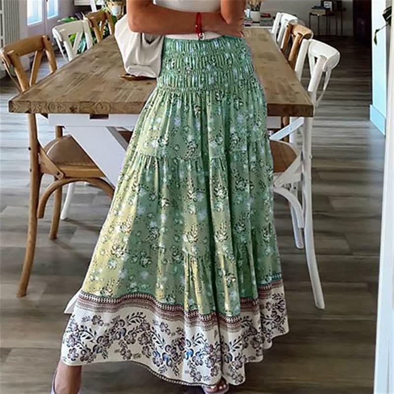 Comfortable women's flowy bohemian midi skirt. Tiered design with elastic waist, great for summer casual wear.