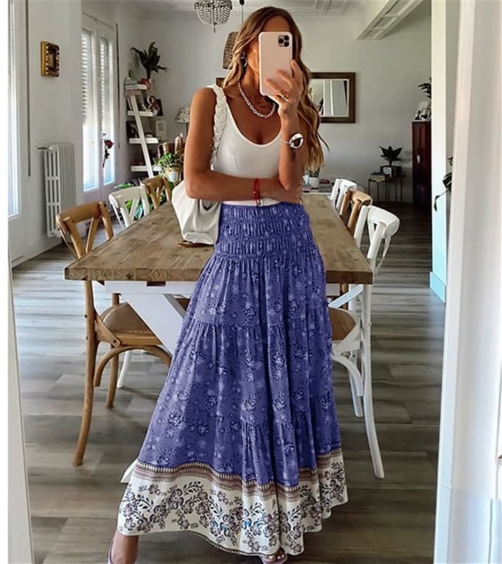 Versatile women's bohemian tiered midi skirt, perfect for summer fashion, beach trips, or relaxed casual style.