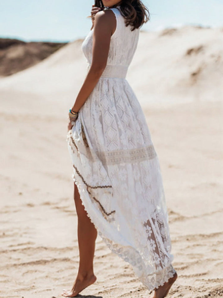 Stylish women's elegant boho maxi dress with a V-neck and lace trim, perfect for summer vacation fashion.