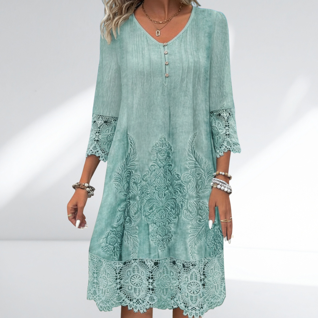 Women's boho midi dress with delicate lace trim, embroidered 3/4 sleeves, and a relaxed fit, perfect for summer casual.