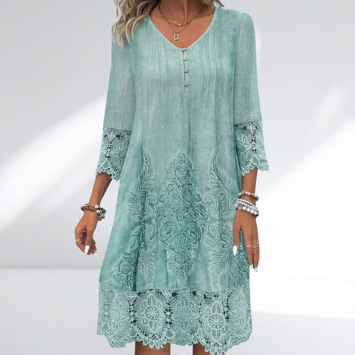 Women's boho midi dress with delicate lace trim, embroidered 3/4 sleeves, and a relaxed fit, perfect for summer casual.