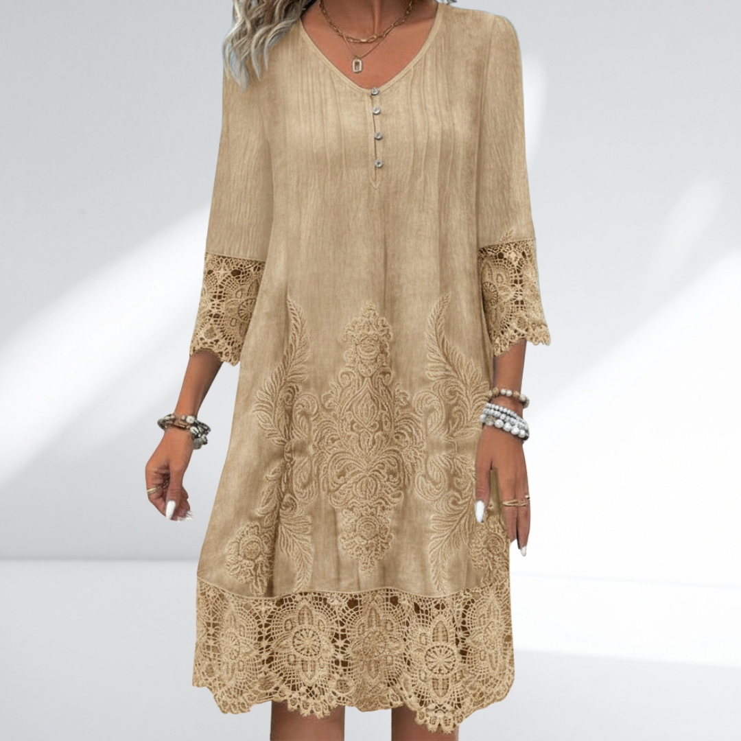 Casual women's boho midi dress with embroidered three quarter sleeves & lace trim, ideal for relaxed summer fashion.