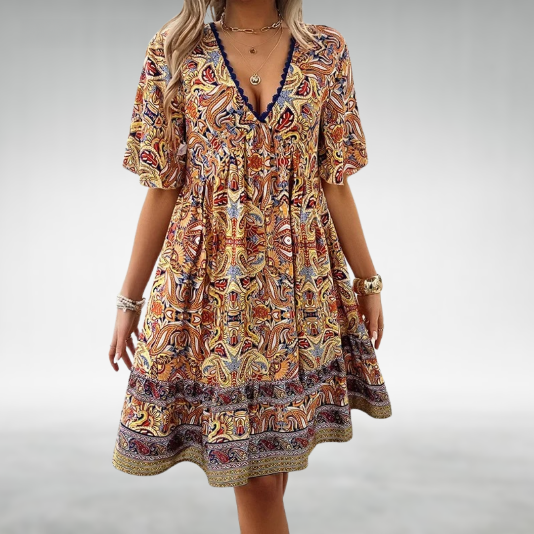 Women's boho paisley mini dress, short sleeve, relaxed fit, perfect for summer vacation