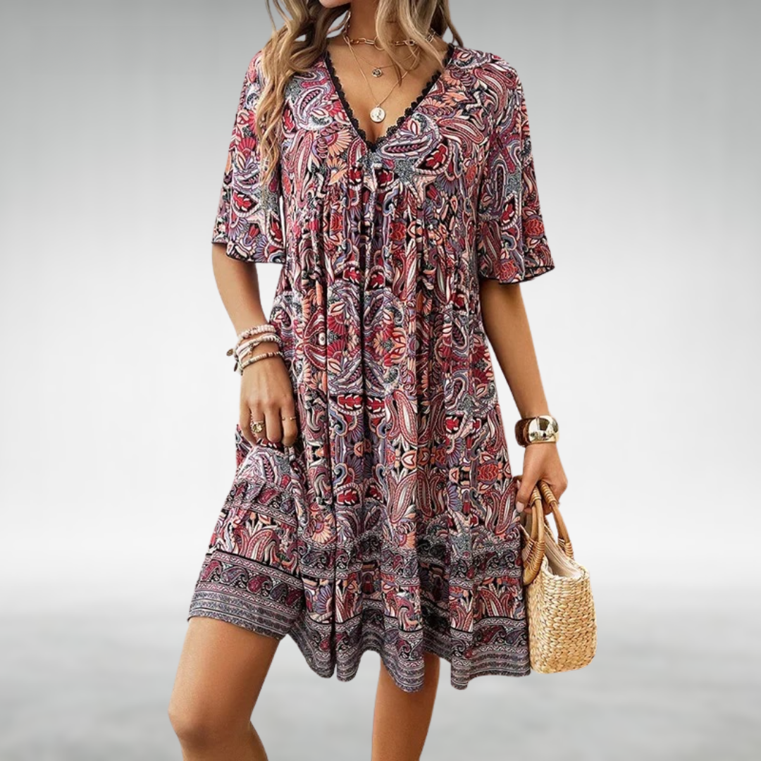 Printed short sleeve minidress for women, bohemian paisley design, great for casual summer wear