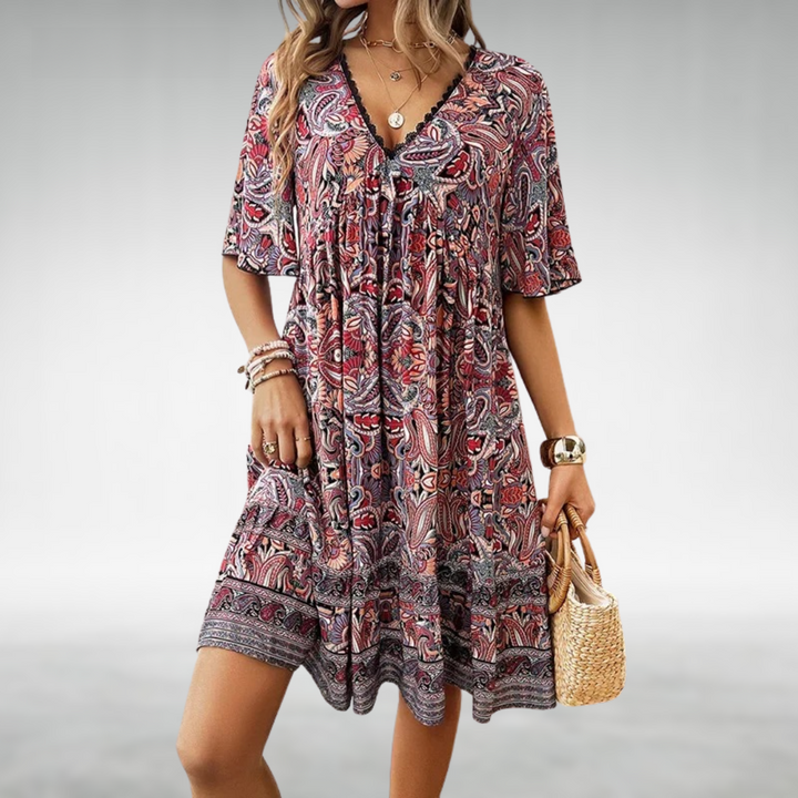 Printed short sleeve minidress for women, bohemian paisley design, great for casual summer wear
