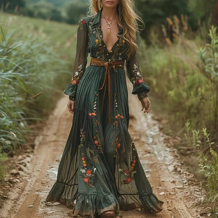 Women's boho ruffled long maxi dress in flowy fabric, perfect for summer beach wear