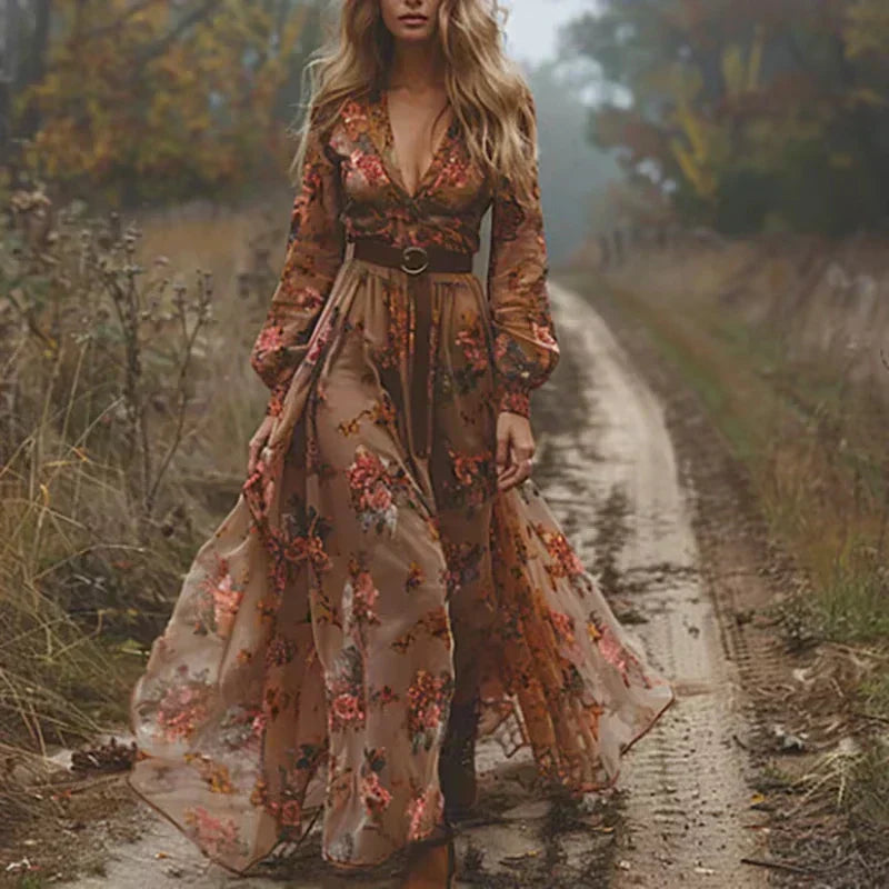 Flowy long maxi dress for women featuring boho style and ruffles, great for casual summer elegance