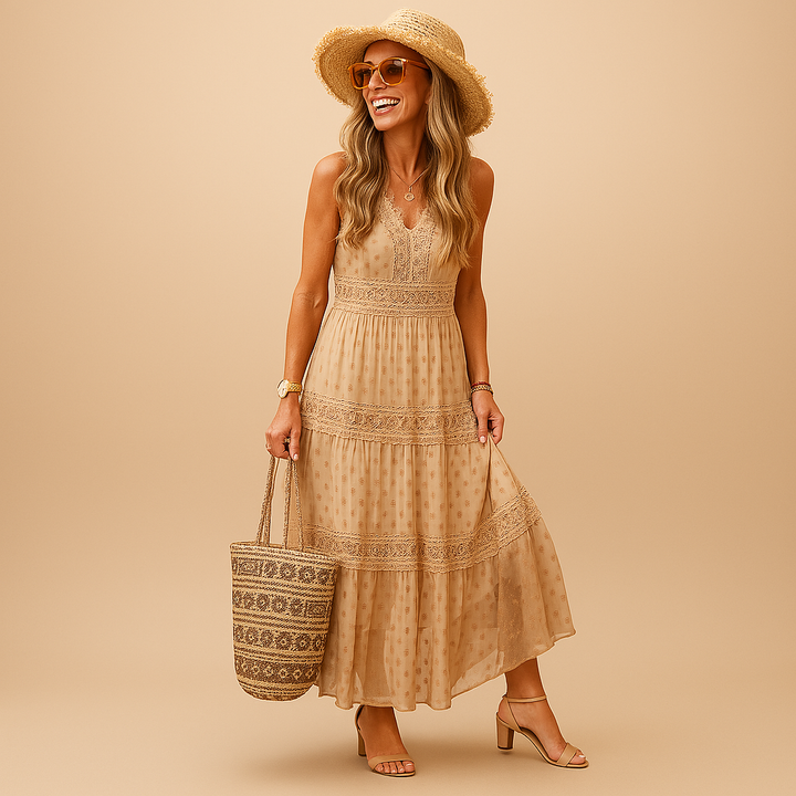 Sleeveless women's boho dress with a relaxed, flowy fit, ideal for summer vacation style.