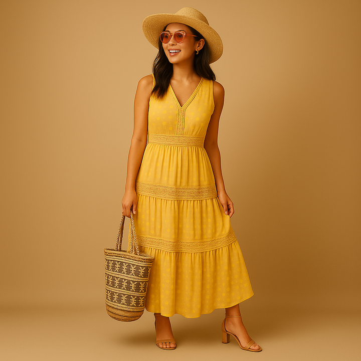 Relaxed fit women's sleeveless boho dress, an airy beach festival outfit for warm summer days.