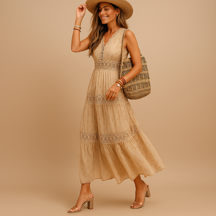 Versatile women's boho summer dress, flowy and lightweight, great for casual wear or vacation style.