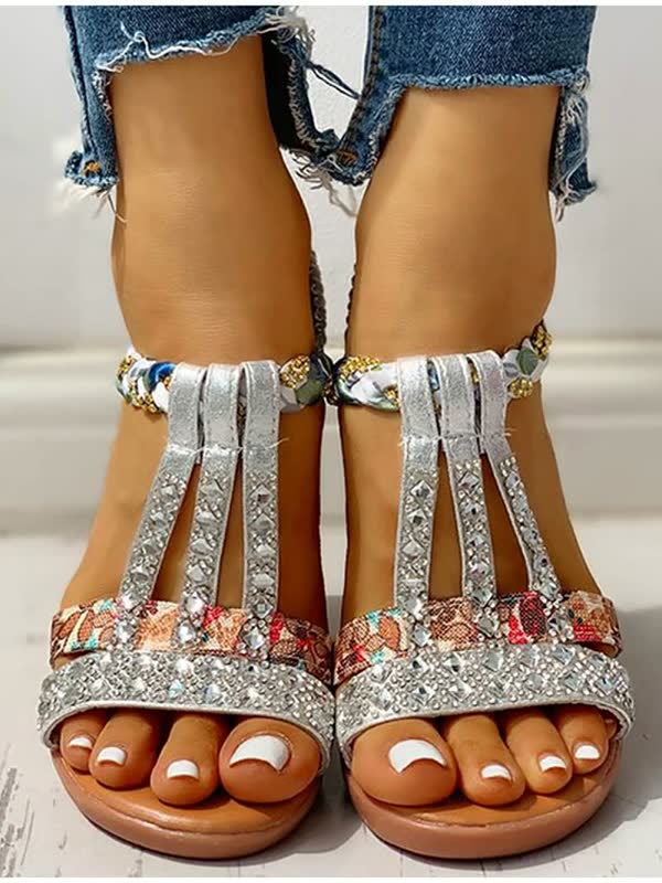 Women's boho wedge sandals with comfortable elastic straps, perfect for summer and casual wear.