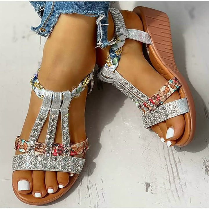 Comfortable women's wedge sandals with lightweight boho design & stretchy elastic ankle strap for all-day wear.
