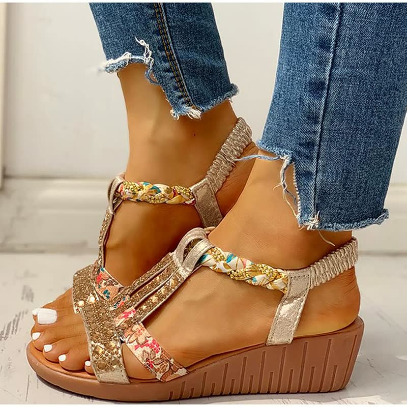 Lightweight women's boho wedge sandals with comfortable elastic straps, essential summer footwear for casual style.