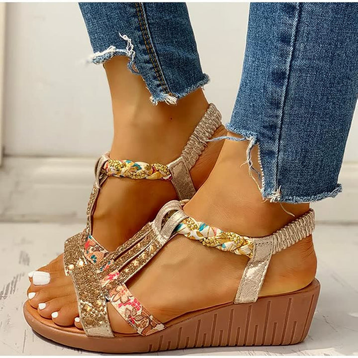 Lightweight women's boho wedge sandals with comfortable elastic straps, essential summer footwear for casual style.