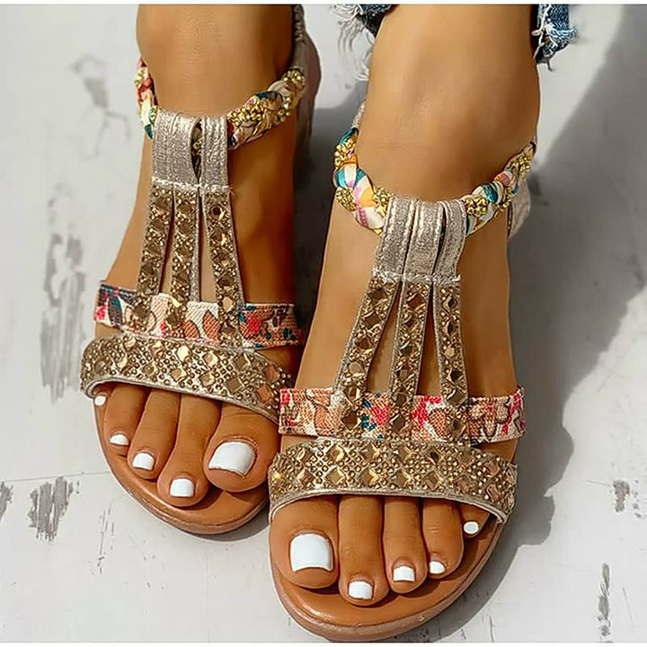 Fashionable women's boho wedge sandals, elastic strap design offers stylish comfort for summer outings & holidays.