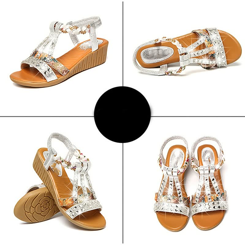 Close-up of comfortable women's boho wedge sandals, showing elastic straps & soft footbed. Great for summer.