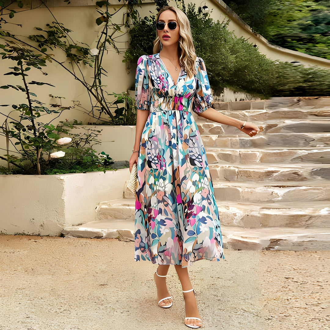 Casual women's summer V-neck midi dress, breezy and comfortable, showcasing an effortless chic style.