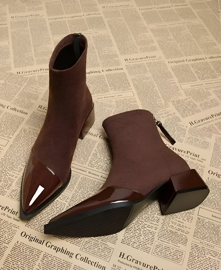 Women's brown block heel ankle boots, perfect for winter fashion & comfortable everyday wear.