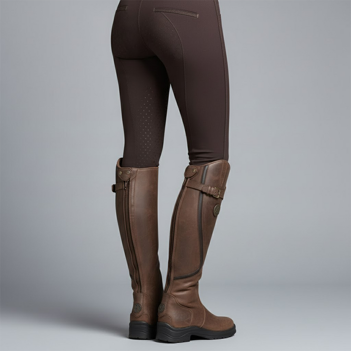 Close-up of women's black orthopedic leather boots, perfect for hiking and outdoor wear