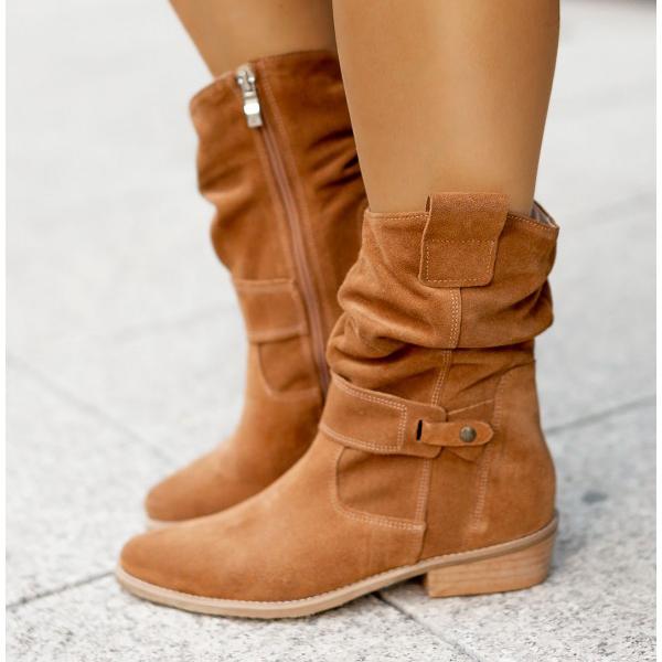 Women's brown suede Western ankle boots, side view, for casual fall fashion.