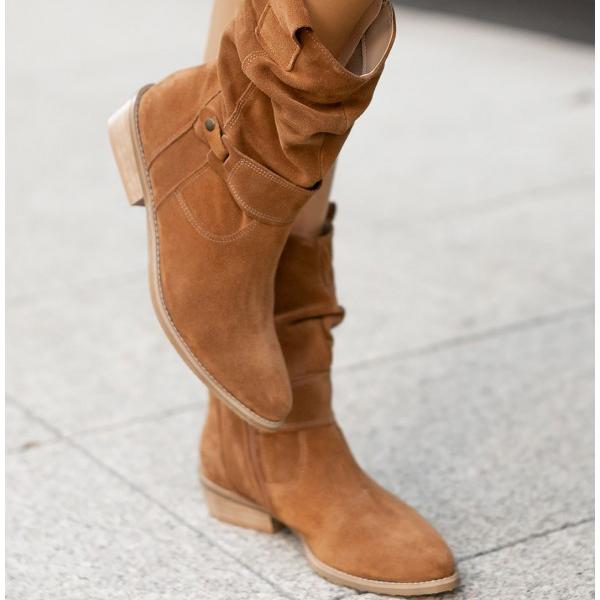 Back view of women's versatile suede Western ankle boots with low heel.
