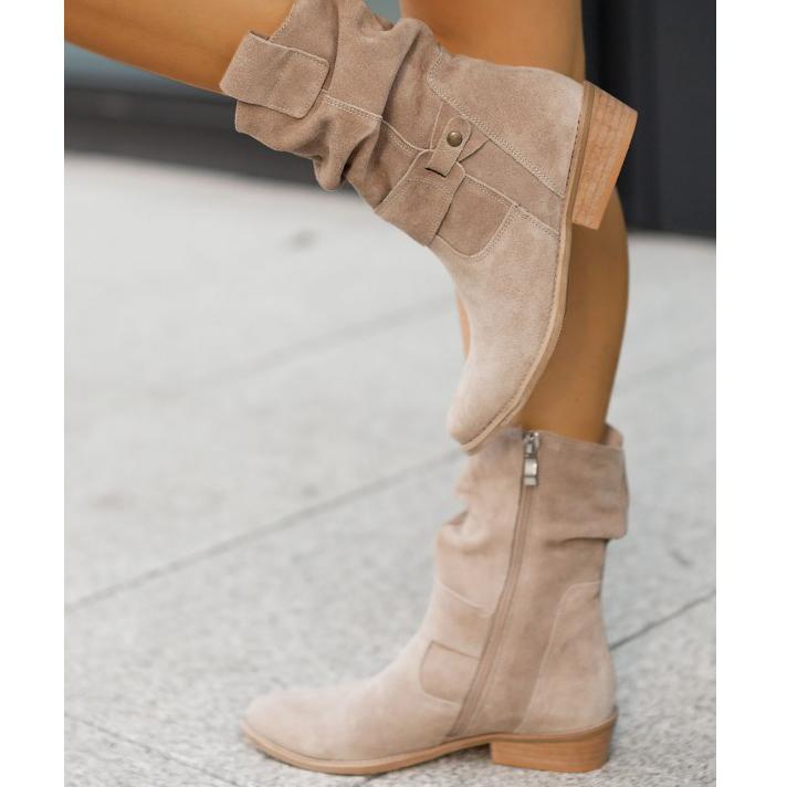 Top-down view of comfortable women's suede Western ankle boots.