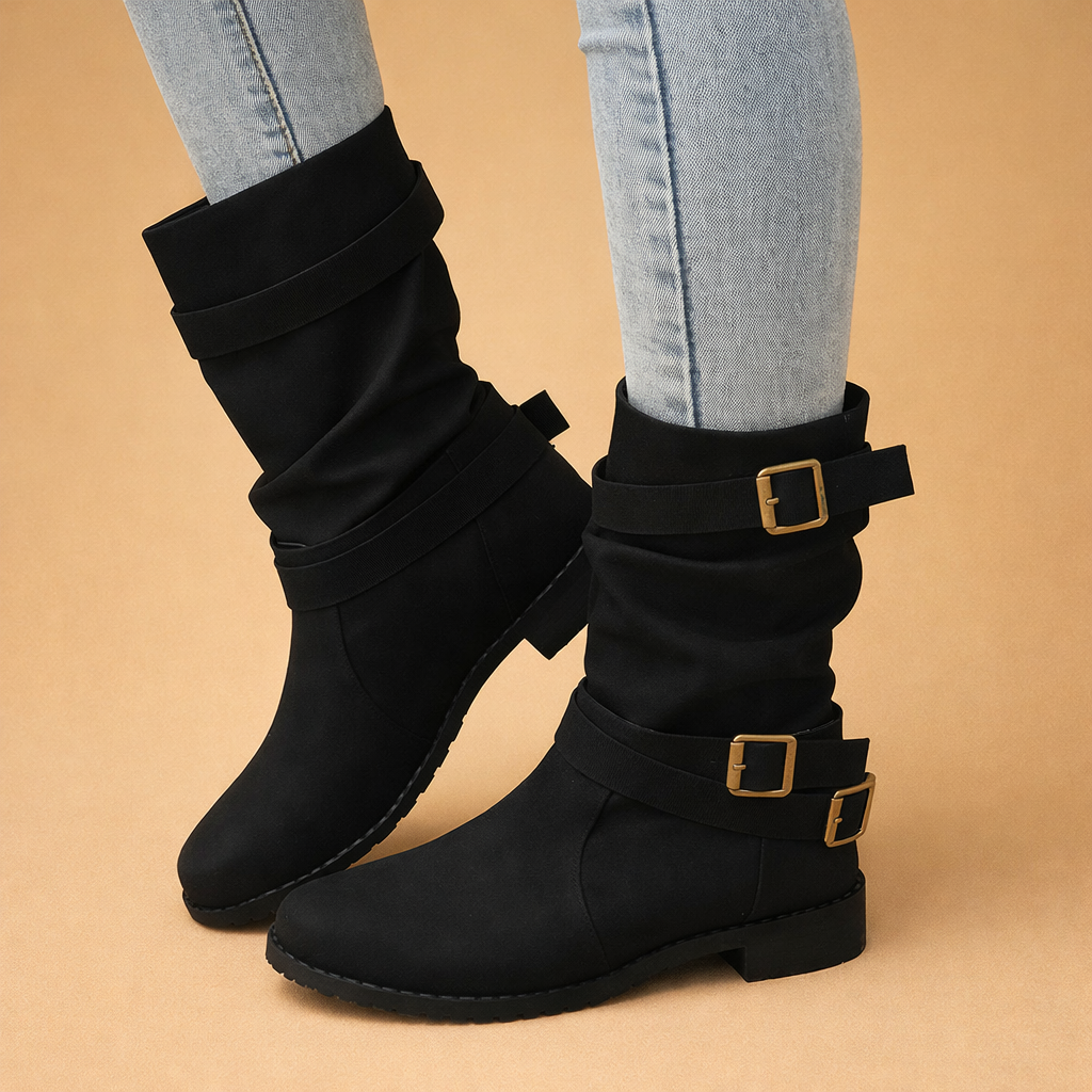 Women's buckle strap mid-calf winter boots. Fashionable & elegant, perfect for chic casual wear.