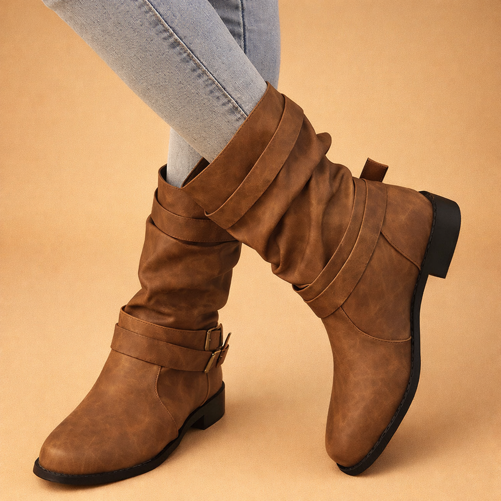 Stylish women's mid-calf boots with buckle and strap details. Elegant fashion footwear for winter outfits.