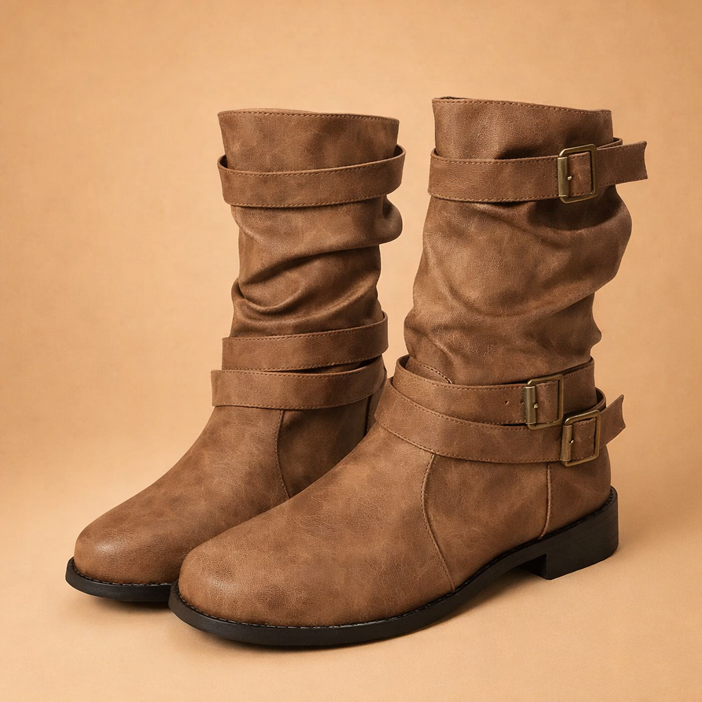 Warm women's mid-calf winter boots with stylish buckle straps. Casual yet chic footwear for fashion-forward women.