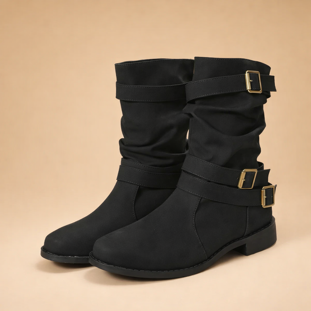 Elegant women's mid-calf boots, featuring multiple buckle straps. Trendy winter fashion and comfortable casual wear.