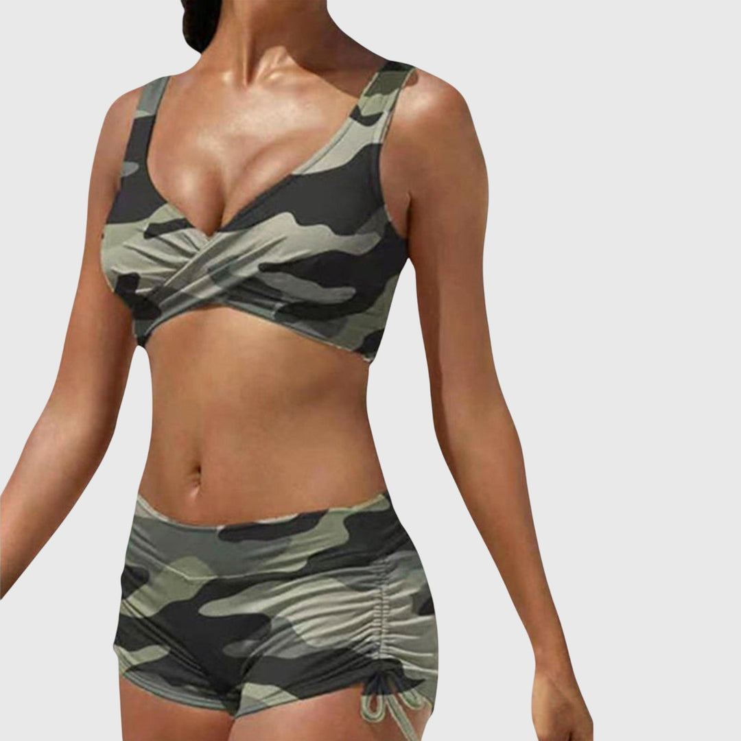 Women's camouflage print two-piece bikini swimsuit for beach or poolside fashion