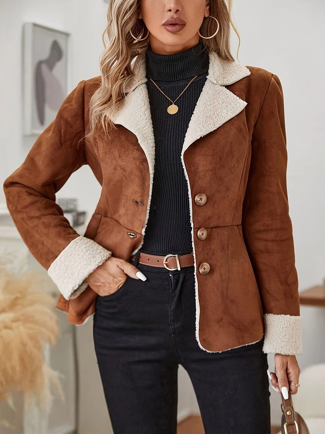 Stylish women's caramel thermal jacket with faux fur, button closure, and chic lapel collar for winter fashion