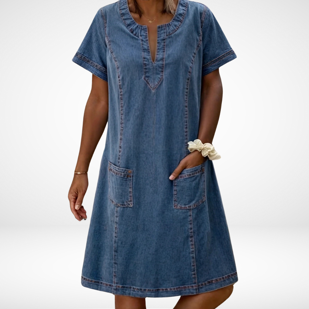 Blue A-line loose fit summer dress with pockets, comfortable women's apparel