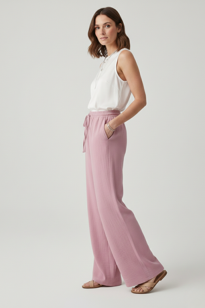 Stylish women's wide-leg trousers; casual palazzo design with a functional drawstring for fit.