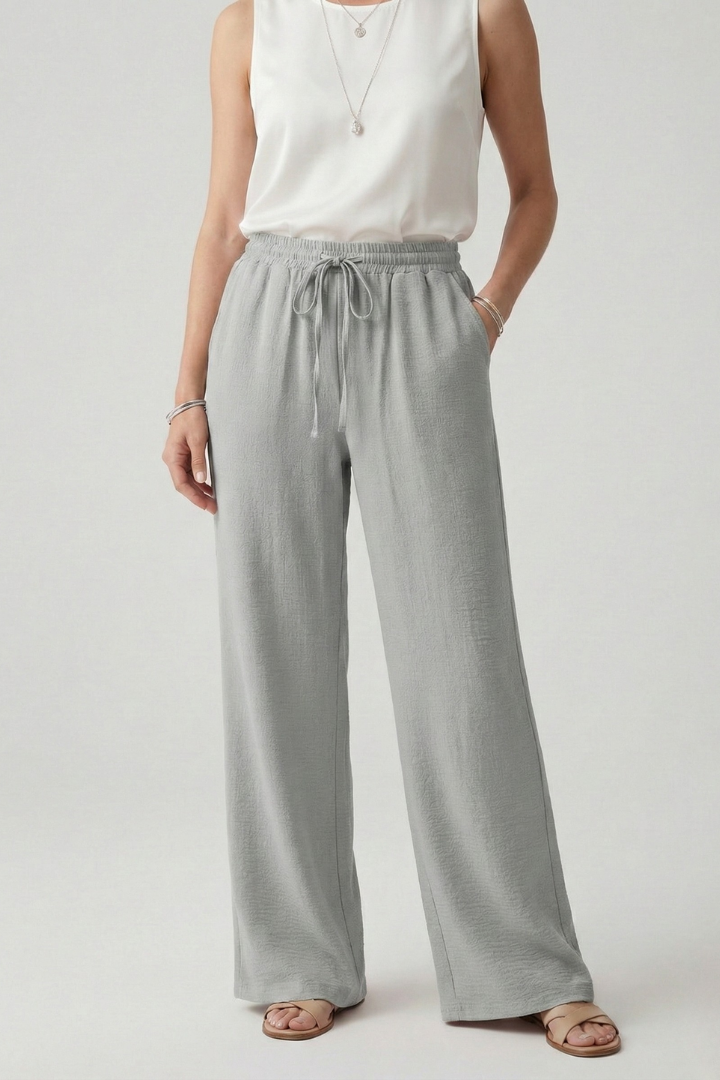 Close-up of women's comfortable palazzo pants showing the detail of the drawstring waist.