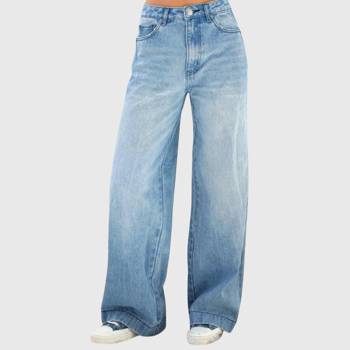 Stylish women's blue denim baggy pants with a wide leg fit, perfect for casual summer wear