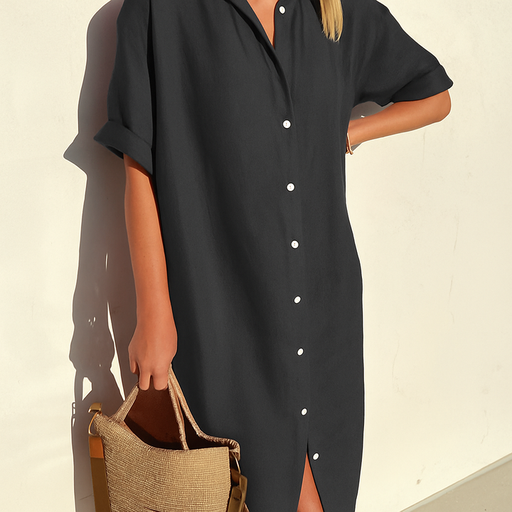 Elegant women's midi linen shirt dress with buttons, ideal for a comfortable and chic summer look