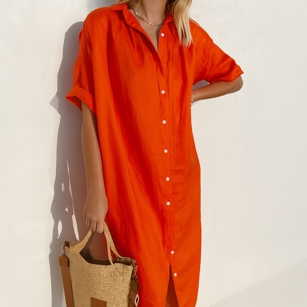 Comfortable women's summer linen shirt dress, midi length, designed for a relaxed yet elegant fit
